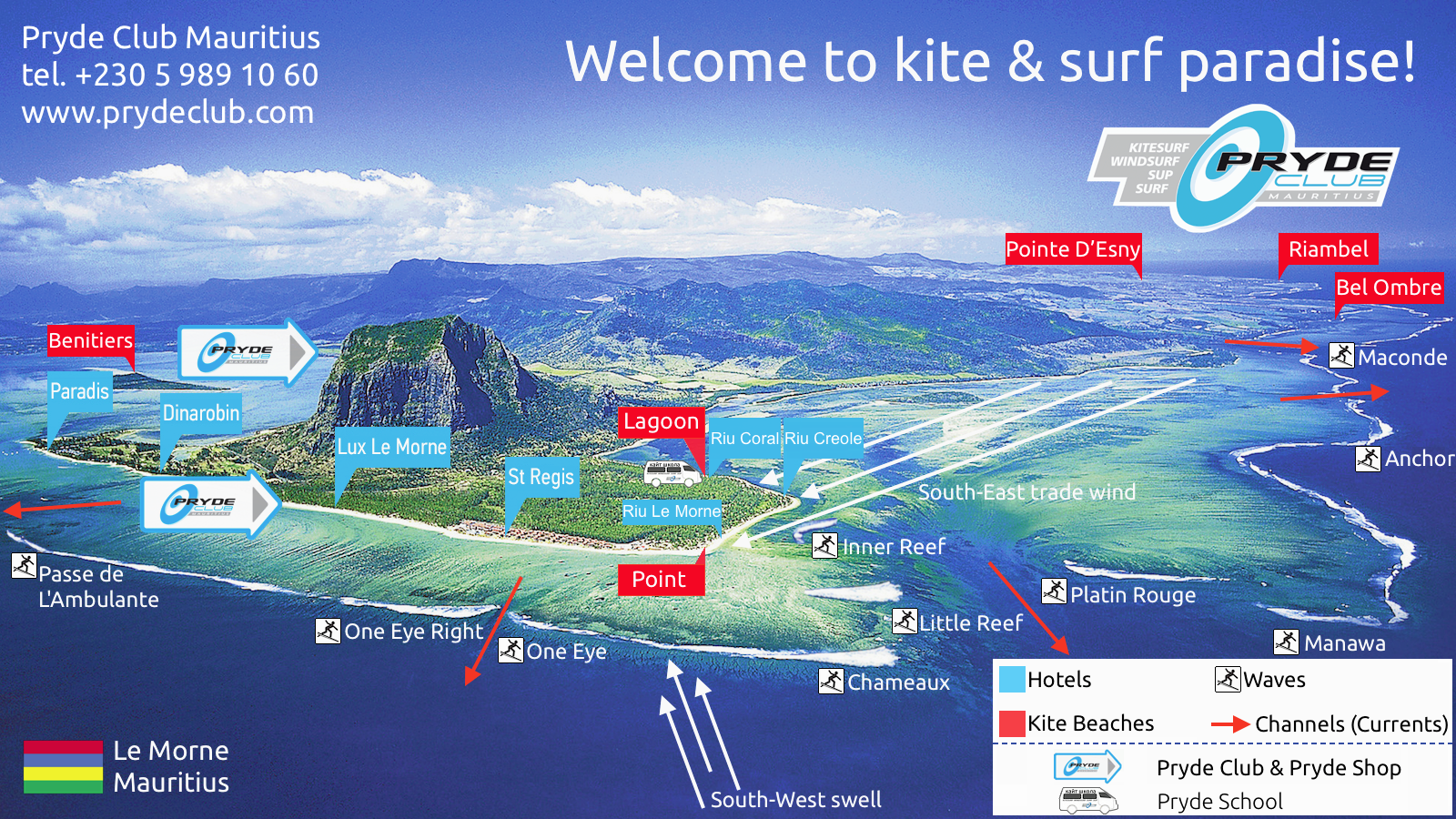 Ultimate kite & surf map of Le Morne